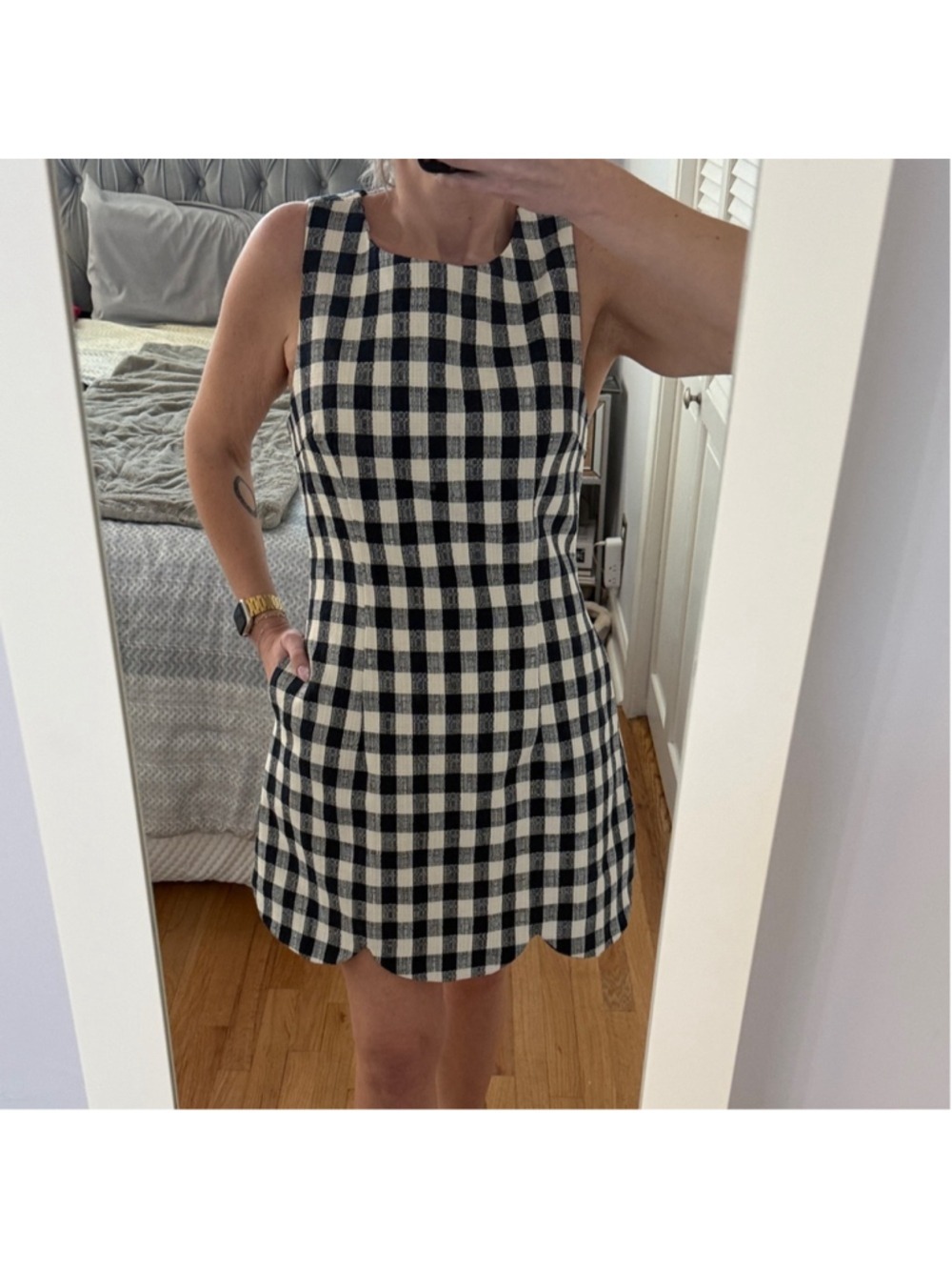 Sleeveless Navy and Cream Gingham Mini Dress with Scalloped Hem - Picture 2 of 8